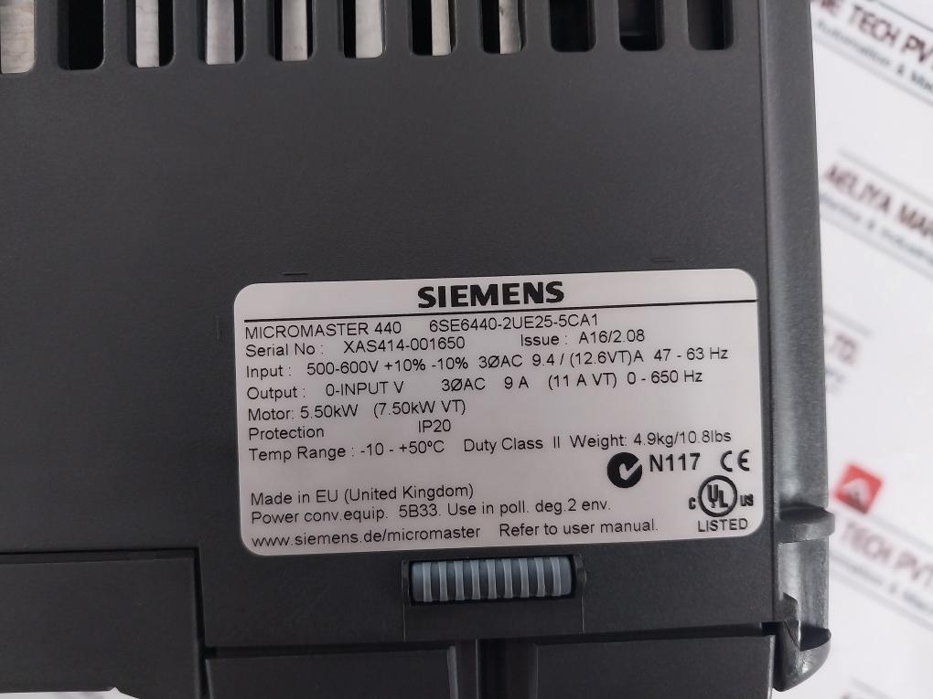 Siemens 6se6440-2ue25-5ca1 0-input V 3ø Ac 9a (11a Vt) 0-6