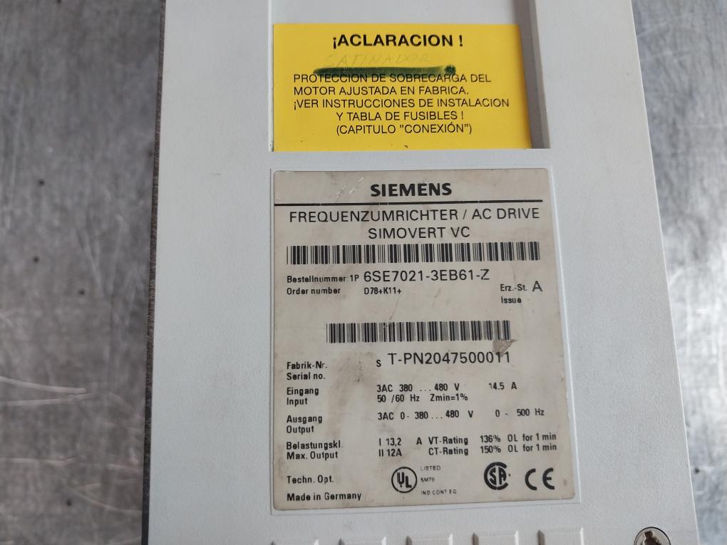 Siemens 6Se7021-3Eb61-z Drive Simovert Vc Converter 94V-0 (Not Working)