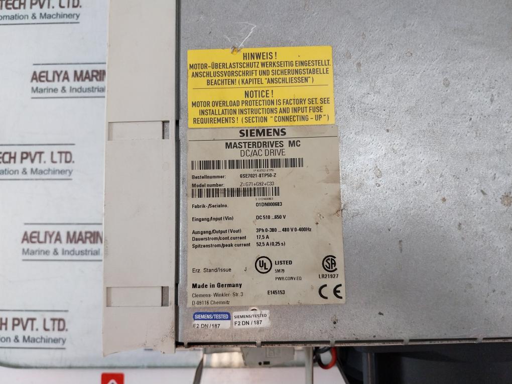 Siemens 6Se7021-8Tp50-z Masterdrives Mc Dc/Ac Drive Dc 510  650V