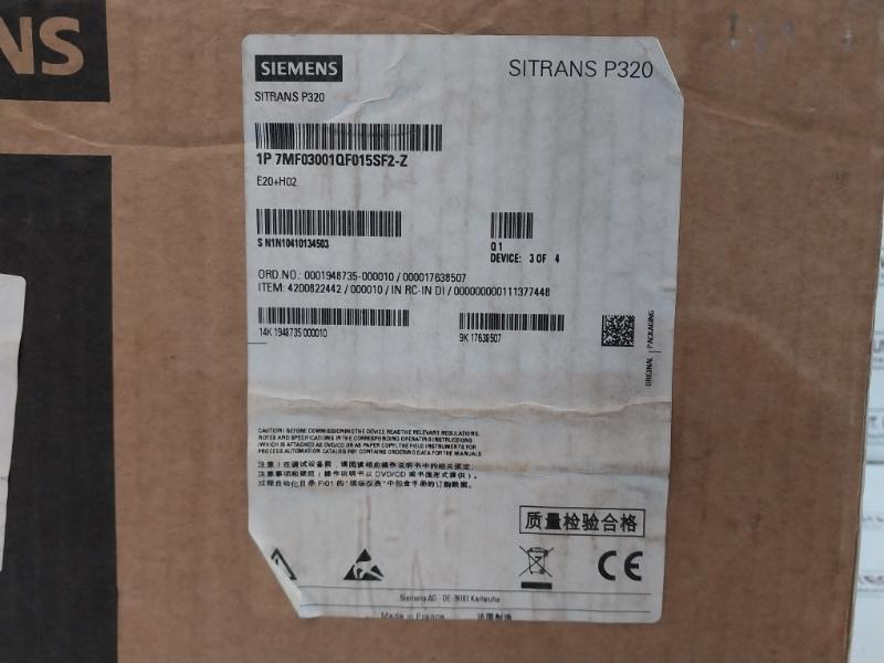 Siemens 7Mf0300-1Qf01-5Sf2-z Pressure Transmitter A5E35435362 4-20Ma Hart 10.5-45V