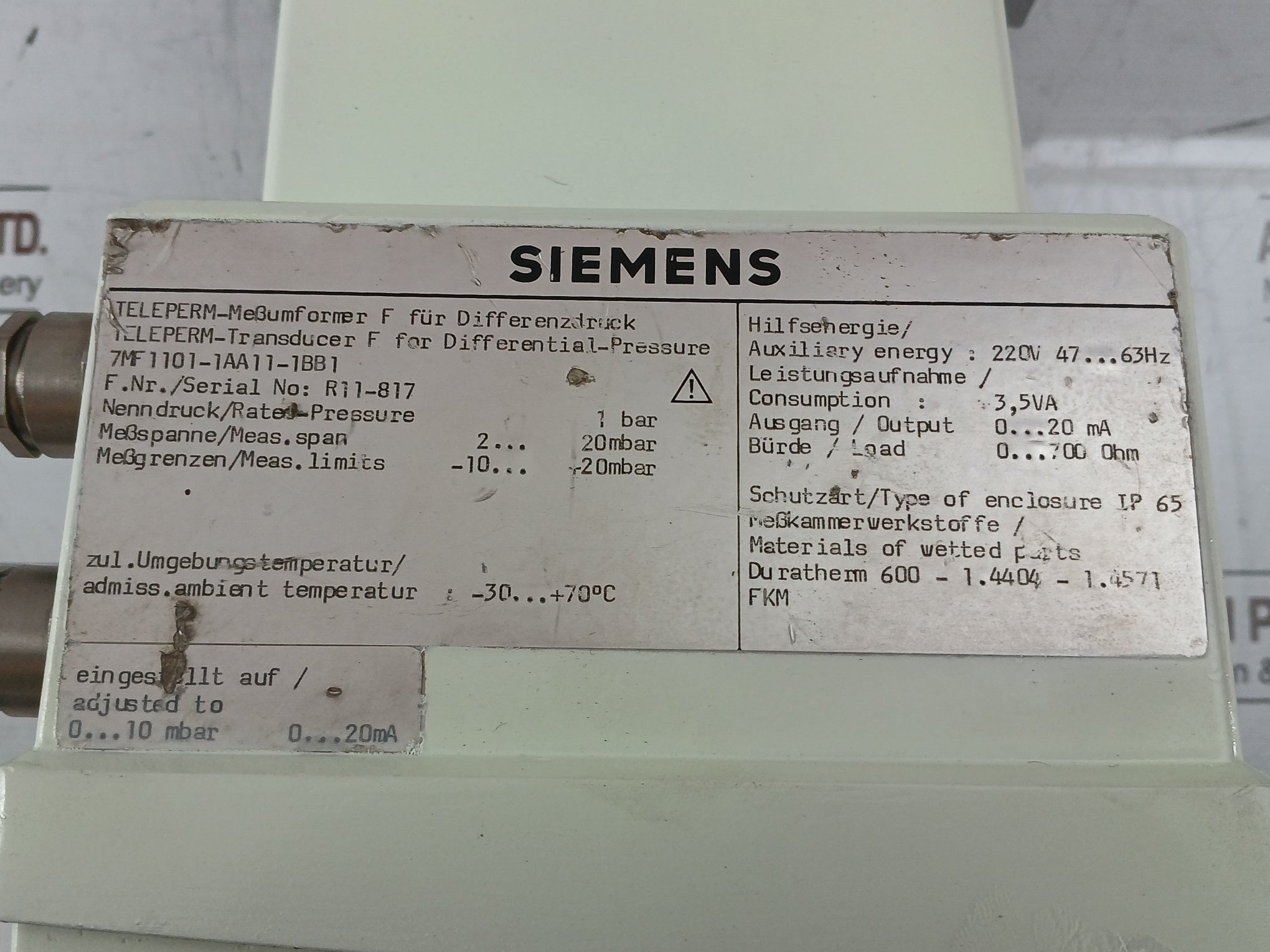 Siemens 7Mf1101-1Aa11-1Bb1 Pressure Transmitter 0-700Ohm 220V