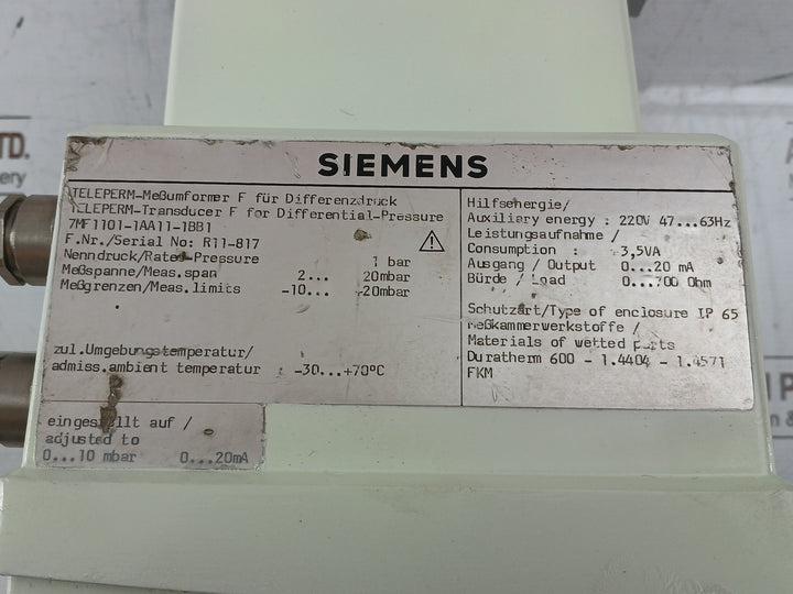 Siemens 7Mf1101-1Aa11-1Bb1 Pressure Transmitter 0-700Ohm 220V