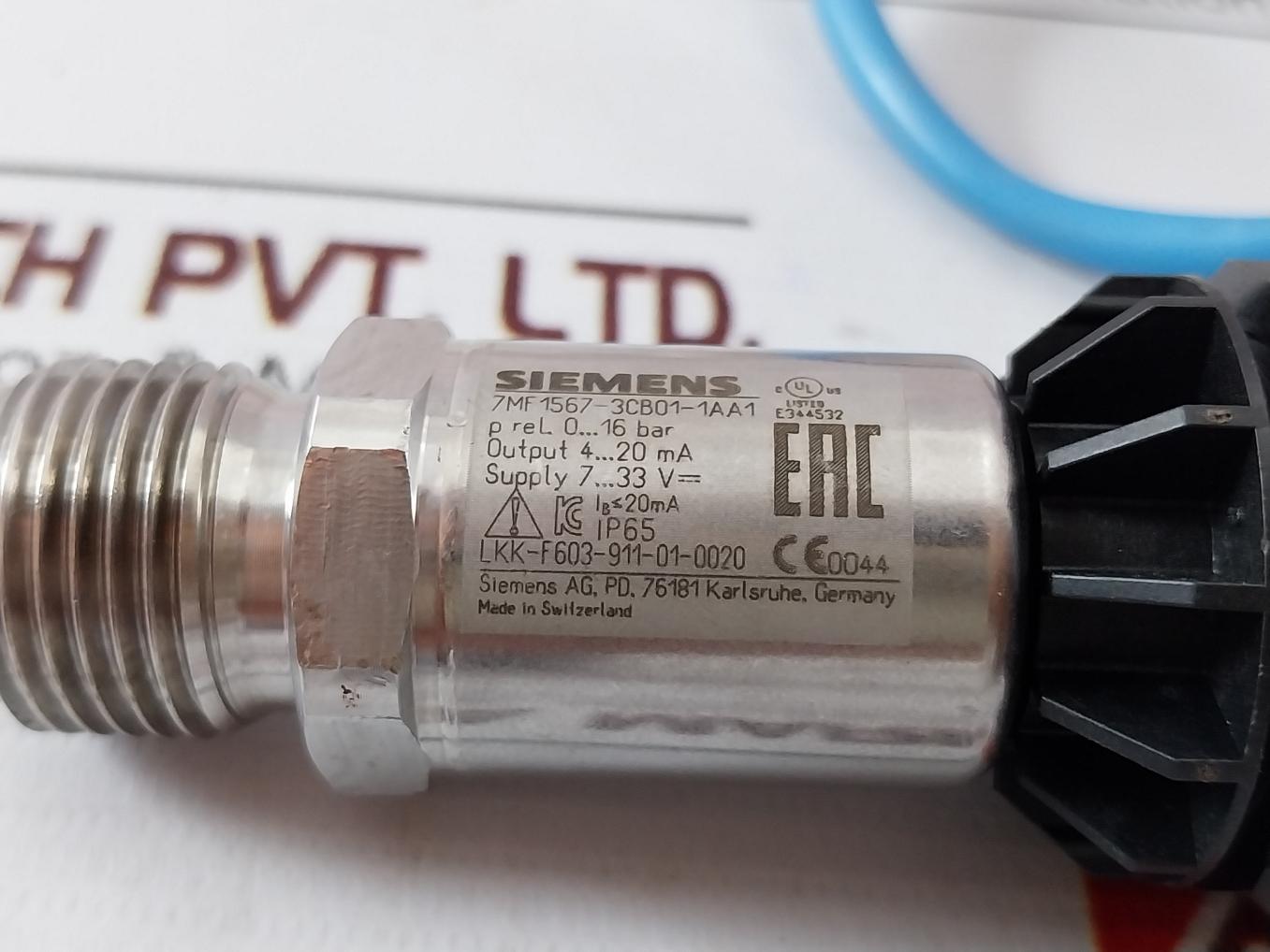 Siemens 7Mf1567-3Cb01-1Aa1 Pressure Transmitter 0-16 Bar 4-20 Ma Ip65 A3X2G5 F1