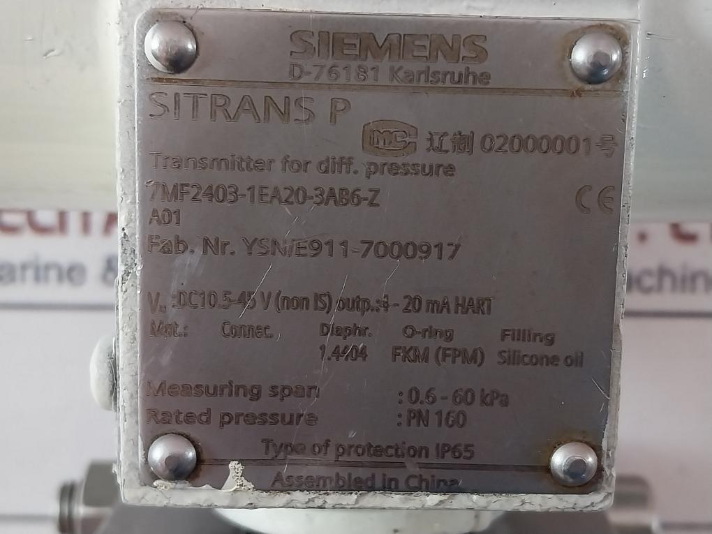 Siemens 7Mf2403-1Ea20-3Ab6-z Sitrans P Pressure Transmitter 4-20 Ma Ip66