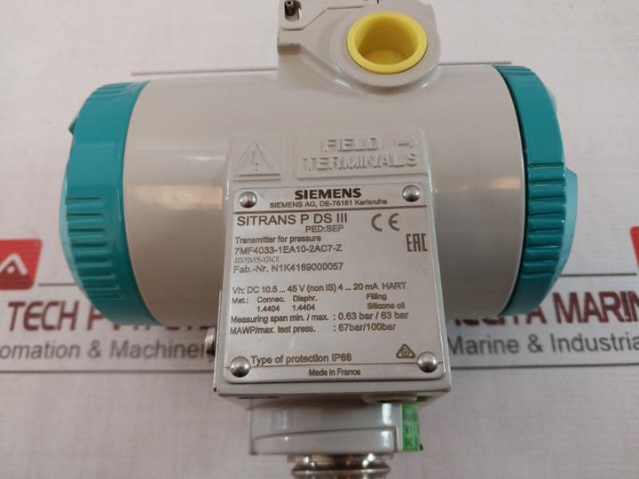 Siemens 7Mf4033-1Ea10-2Ac7-z Transmitter For Pressure Dc 10.5-45V 4-20Ma Hart