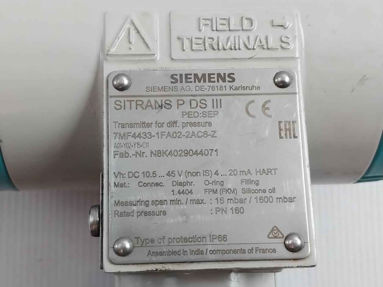 Siemens 7Mf4433-1Fa02-2Ac6-z Differential Pressure Transmitter Dc 10.5-45V