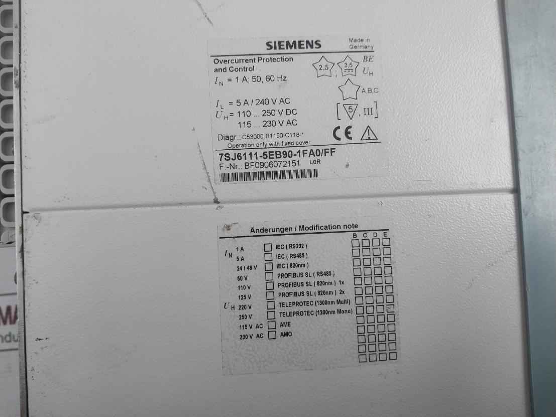 Siemens 7Sj6111-5Eb90-1Fa0/Ff Siprotec Overcurrent Protection And Control Relay