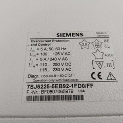Siemens 7Sj62 7Sj6225-5Eb92-1Fd0/Ff Overcurrent Protection And Control Relay