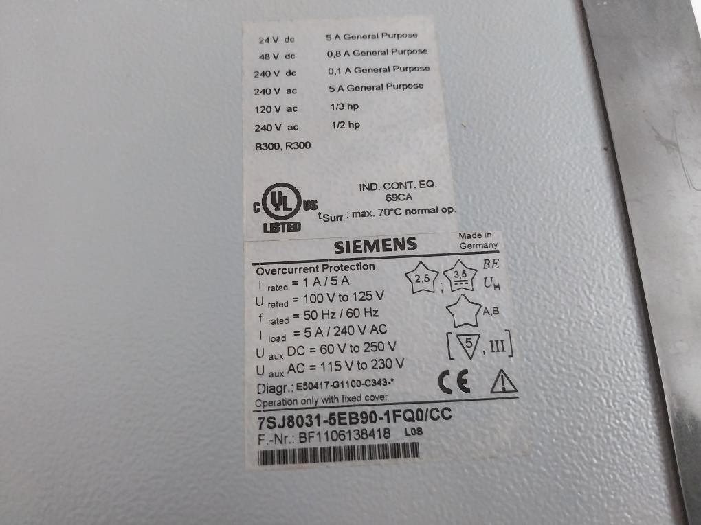 Siemens 7Sj8031-5Eb90-1Fq0/Cc Overcurrent Protection Relay 5A/240V Ac