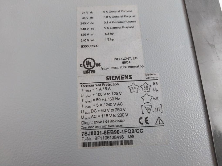 Siemens 7Sj8031-5Eb90-1Fq0/Cc Overcurrent Protection Relay 5A/240V Ac