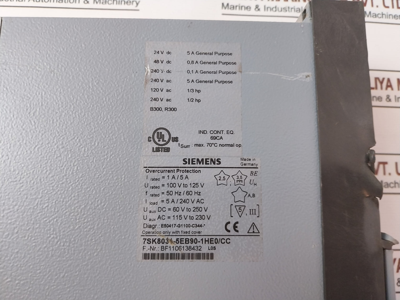 Siemens 7Sk8031-5Eb90-1He0/Cc Overcurrent Protection Relay 100V To 125V