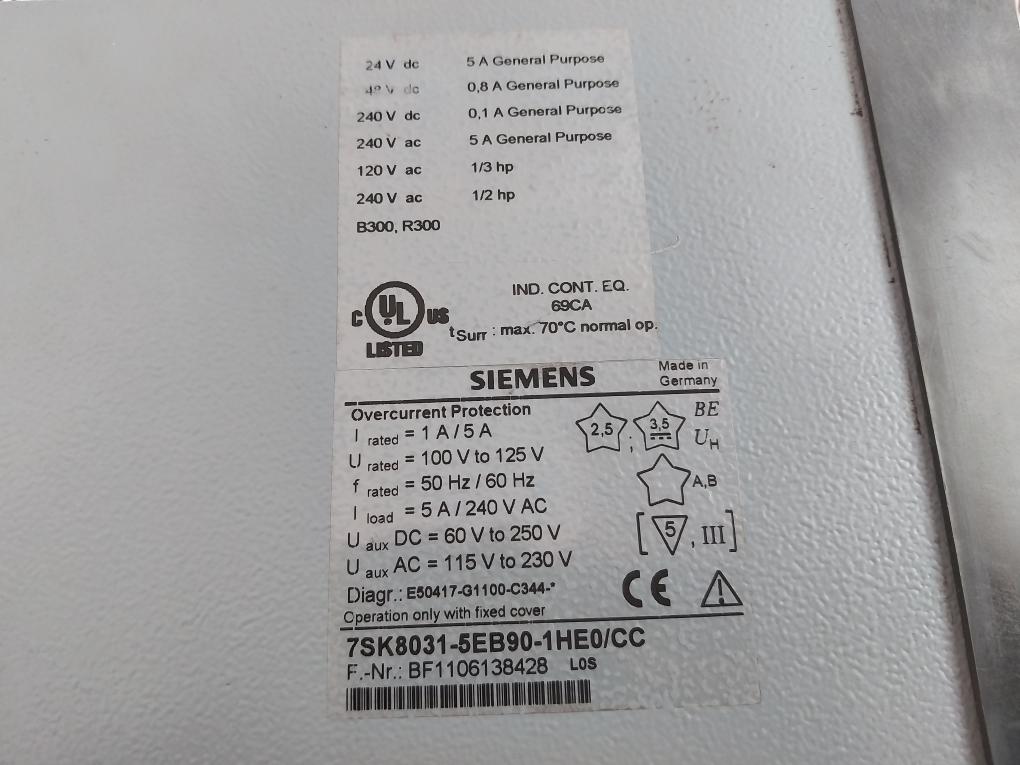 Siemens 7Sk8031-5Eb90-1He0/Cc Overcurrent Protection Relay 5A/240V Ac