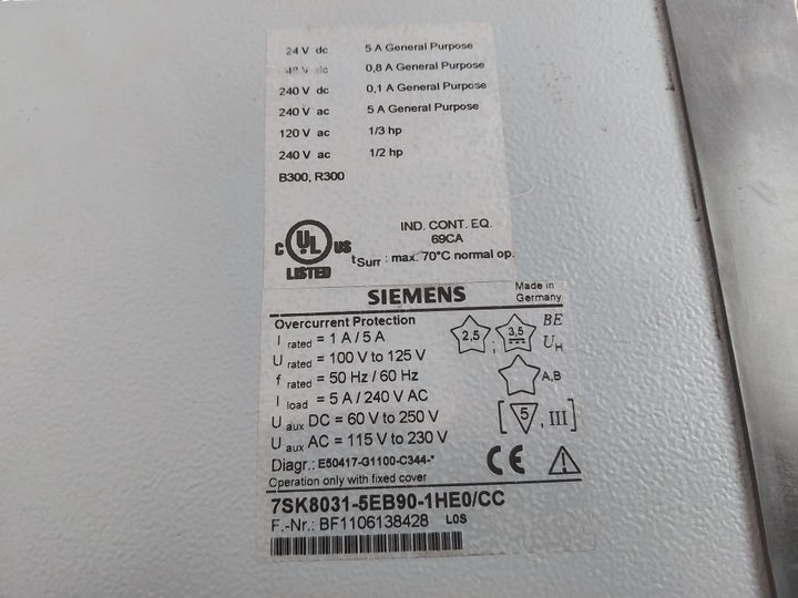 Siemens 7Sk8031-5Eb90-1He0/Cc Overcurrent Protection Relay 5A/240V Ac