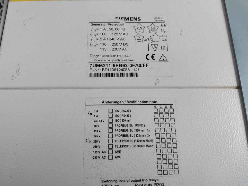 Siemens 7Um6211-5Eb92-0Fa0/Ff Generator Protection 110-250 V Dc 5A