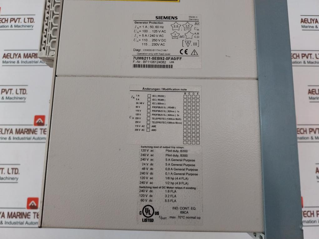 Siemens 7Um62 Generator Protection 5A / 240V