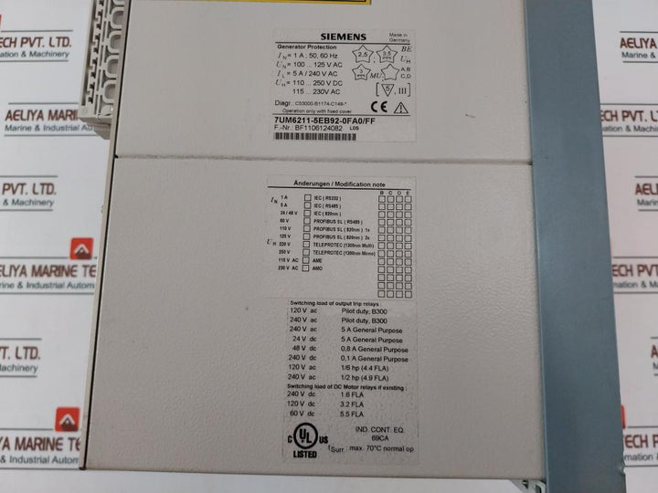Siemens 7Um62 Generator Protection 5A / 240V