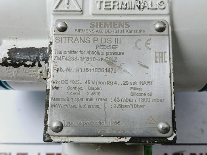 Siemens 7mf4233-1fb10-2nc6-z Pressure Transmitter A5e00256870 2.6 / 10 Bar