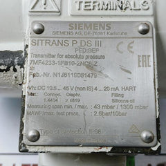 Siemens 7mf4233-1fb10-2nc6-z Pressure Transmitter A5e00256870 2.6 / 10 Bar