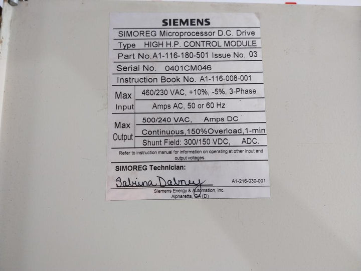Siemens A1-116-180-501 D.C. Drive Control Module