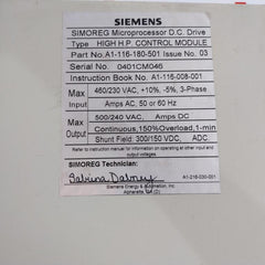 Siemens A1-116-180-501 D.C. Drive Control Module