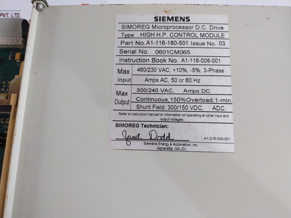 Siemens A1-116-180-501 High H.P. Control Module 94 V-0