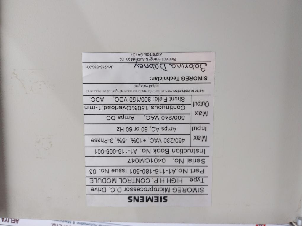 Siemens A1-116-180-501 High H.P. Control Module