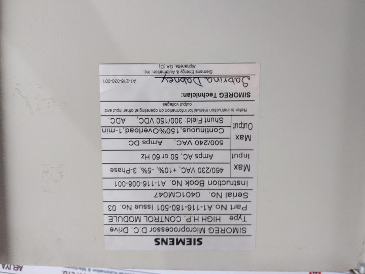 Siemens A1-116-180-501 High H.P. Control Module