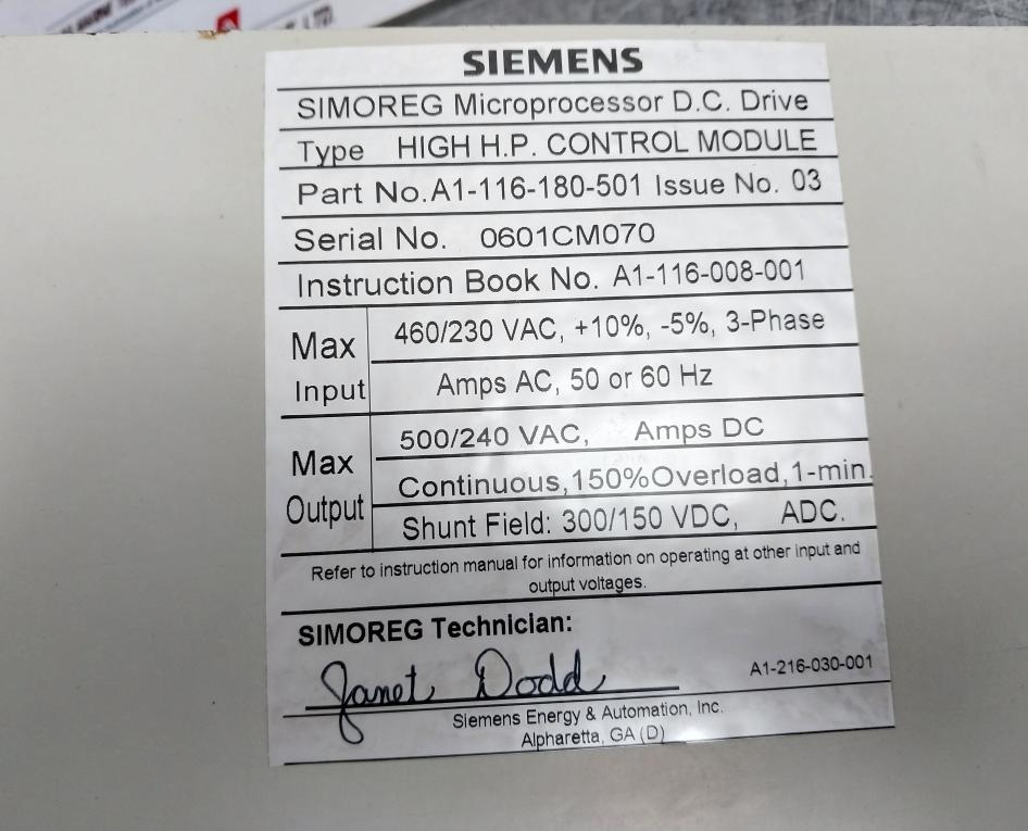 Siemens A1-116-180-501 Microprocessor Pc Control Module Board