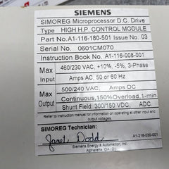 Siemens A1-116-180-501 Microprocessor Pc Control Module Board