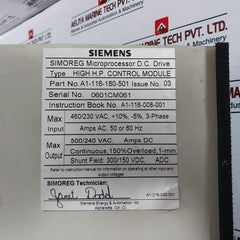 Siemens A1-116-180-501 Simoreg Microprocessor Dc Drive High H.P. Control Module