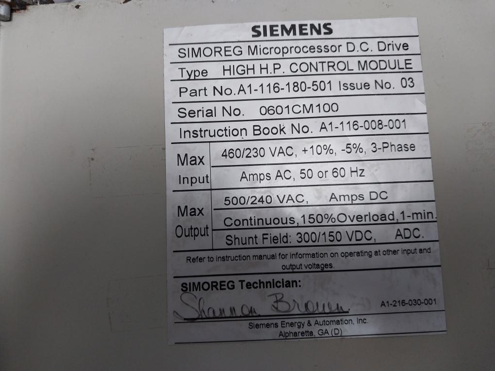 Siemens A1-116-180-501 Simoreg Microprocessor Pc Control Module Board 460/230 Vac