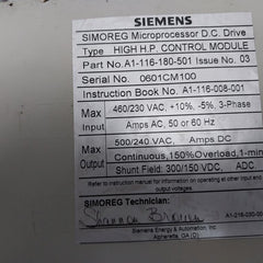 Siemens A1-116-180-501 Simoreg Microprocessor Pc Control Module Board 460/230 Vac