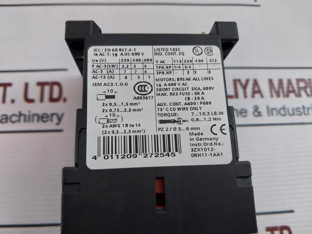 Siemens Contactor 3Rt1016-1Bb41 7…10.3 Lb.In