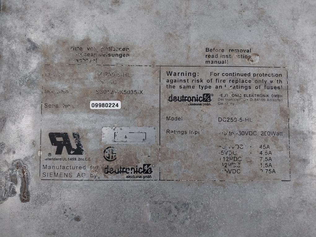 Siemens Dc250-5-hl Psuhc Power Supply S30122-k5035-x -40 To -60Vdc, 250Watt