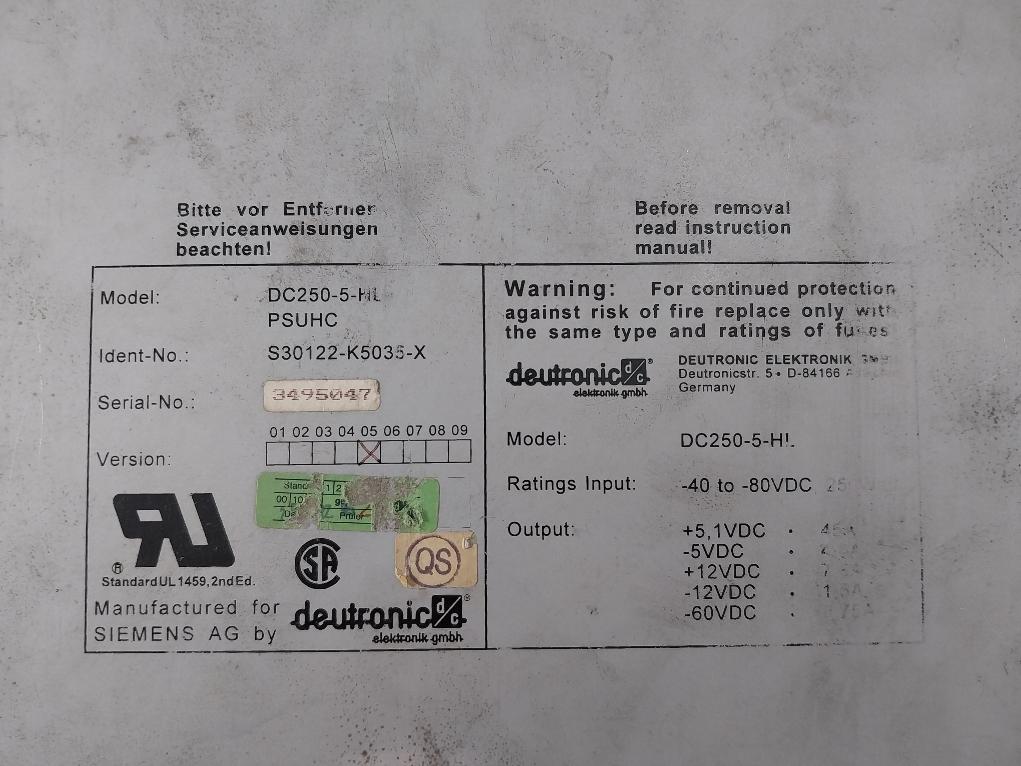 Siemens Dc250-5-hl Psuhc Power Supply S30122-k5035-x 250W