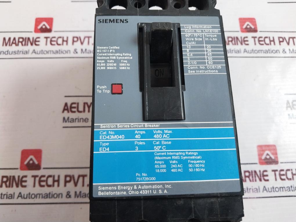 Siemens Ed43m040 , Ed4, 3P Sentron Series Circuit Breaker 40A