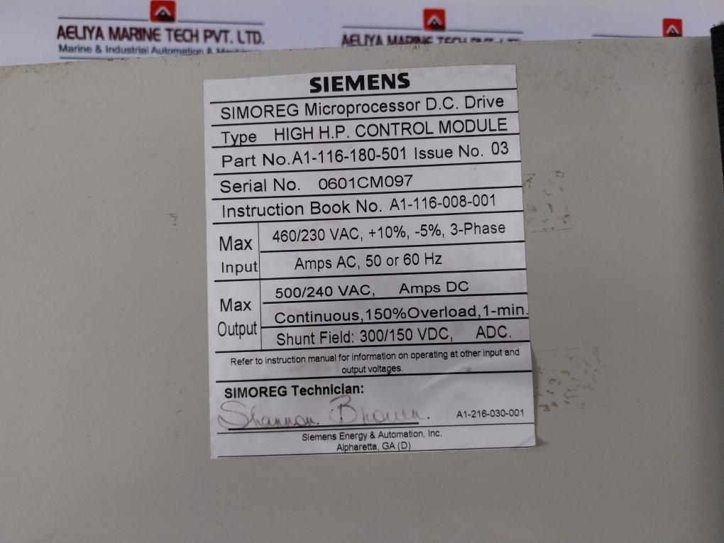 Siemens Energy & Automation A1-116-180-501 Microprocessor D.C Drive
