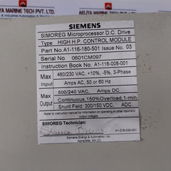 Siemens Energy & Automation A1-116-180-501 Microprocessor D.C Drive