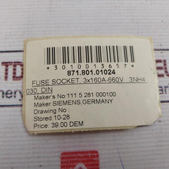 Siemens Gr.00 3Nh4 030 Fuse Holder 160A/~690V 8710101024