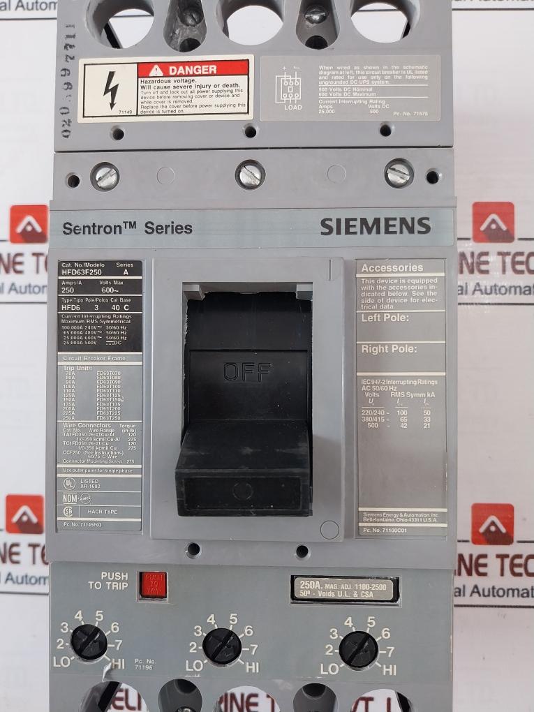 Siemens Hfd63F250 Molded Case Circuit Breaker Hfd3/Hfd6 Ser: A