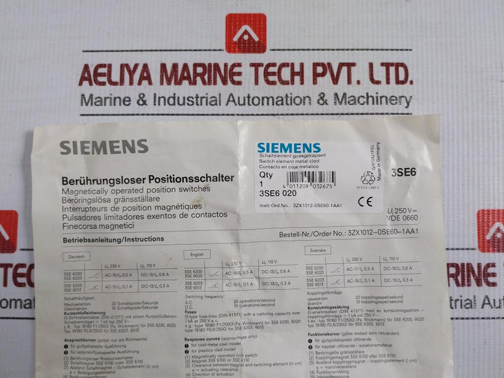 Siemens Magnetic Operated Position Switch Cable Length 1 Meter 3Se6020