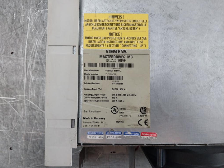 Siemens Masterdrive Mc 6Se7021-8Tp50 Dc/Ac Drive Inverter Dc 510…650 V