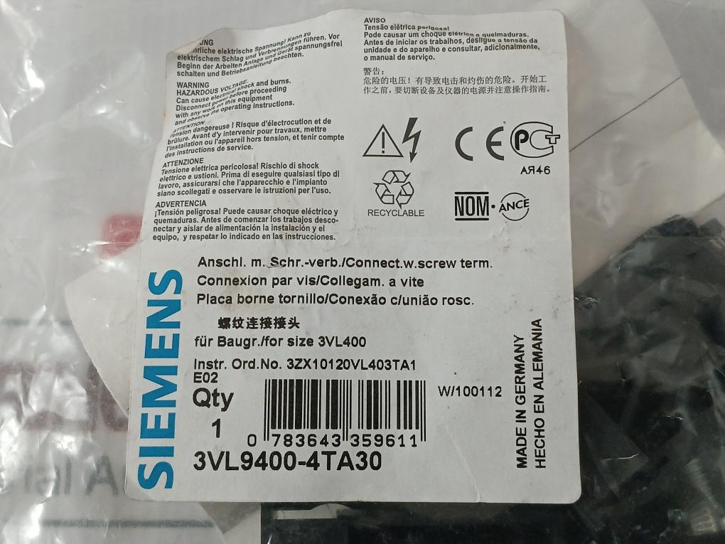 Siemens Molded Case Circuit Breaker 480V 75Ka 50/60Hz Part No 3Vl4740-3Aa36-0Aa0
