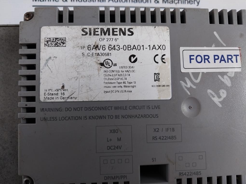 Siemens Op 277 6” 6av6 643-0ba01-1ax0 Operator Panel