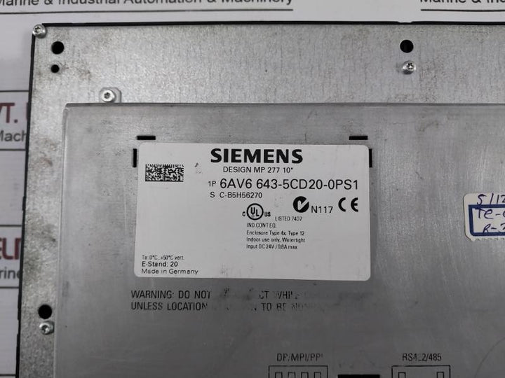 Siemens SIMATIC 1P 6Av6 643-5Cd20-0Ps1 Operator Interface PANEL S C-b5H56270 Mp277 10 Touch