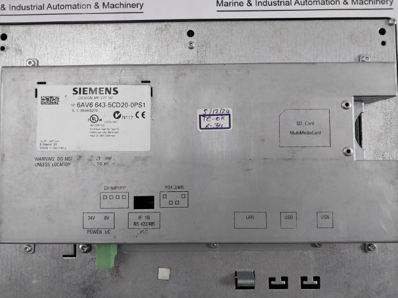 Siemens SIMATIC 1P 6Av6 643-5Cd20-0Ps1 Operator Interface PANEL S C-b5H56270 Mp277 10 Touch