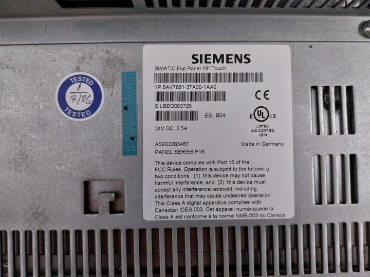 Siemens Series P16 24V Dc 2,5A Simatic Lcd Hmi Monitor Panel 6Av7861-3Ta00-1Aa0