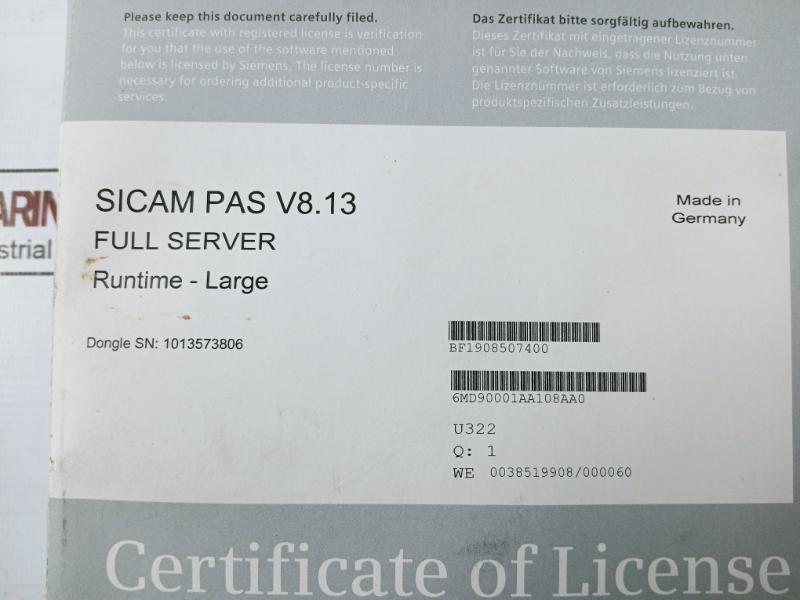 Siemens Sicam Pas/pqs Power Automation/quality System License Card Cd V8.13