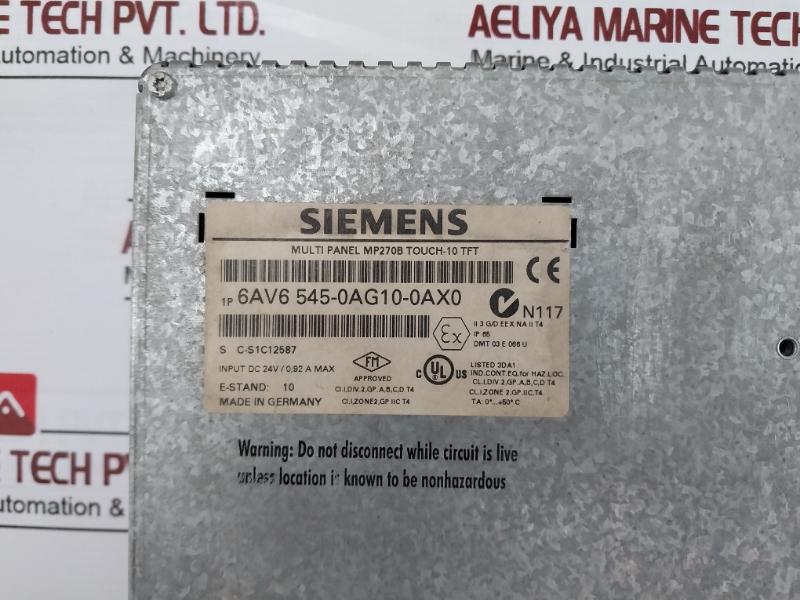 Siemens Simatic 1P 6Av6 545-0Ag10-0Ax0 Operator Interface Panel Mp270B Touch-10 Tft