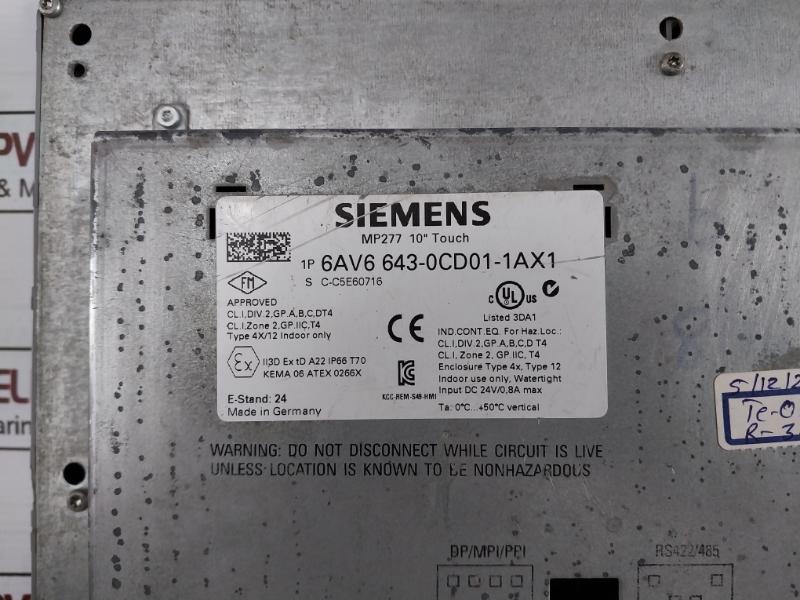 Siemens Simatic 1P 6Av6 643-0Cd01-1Ax1 Operator Interface PANEL Mp277 10 Touch S C-c5E60716